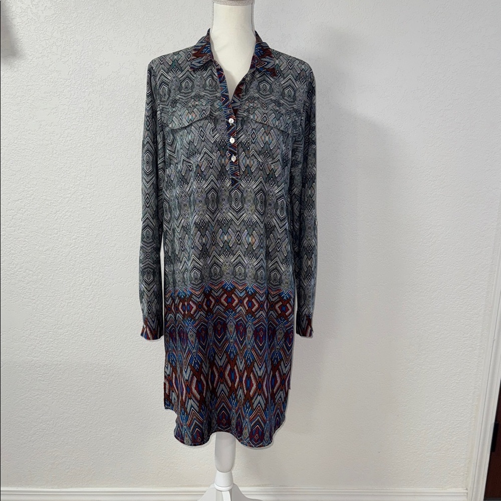 Geometric Long Sleeve Shirt Dress in Blue and Brown